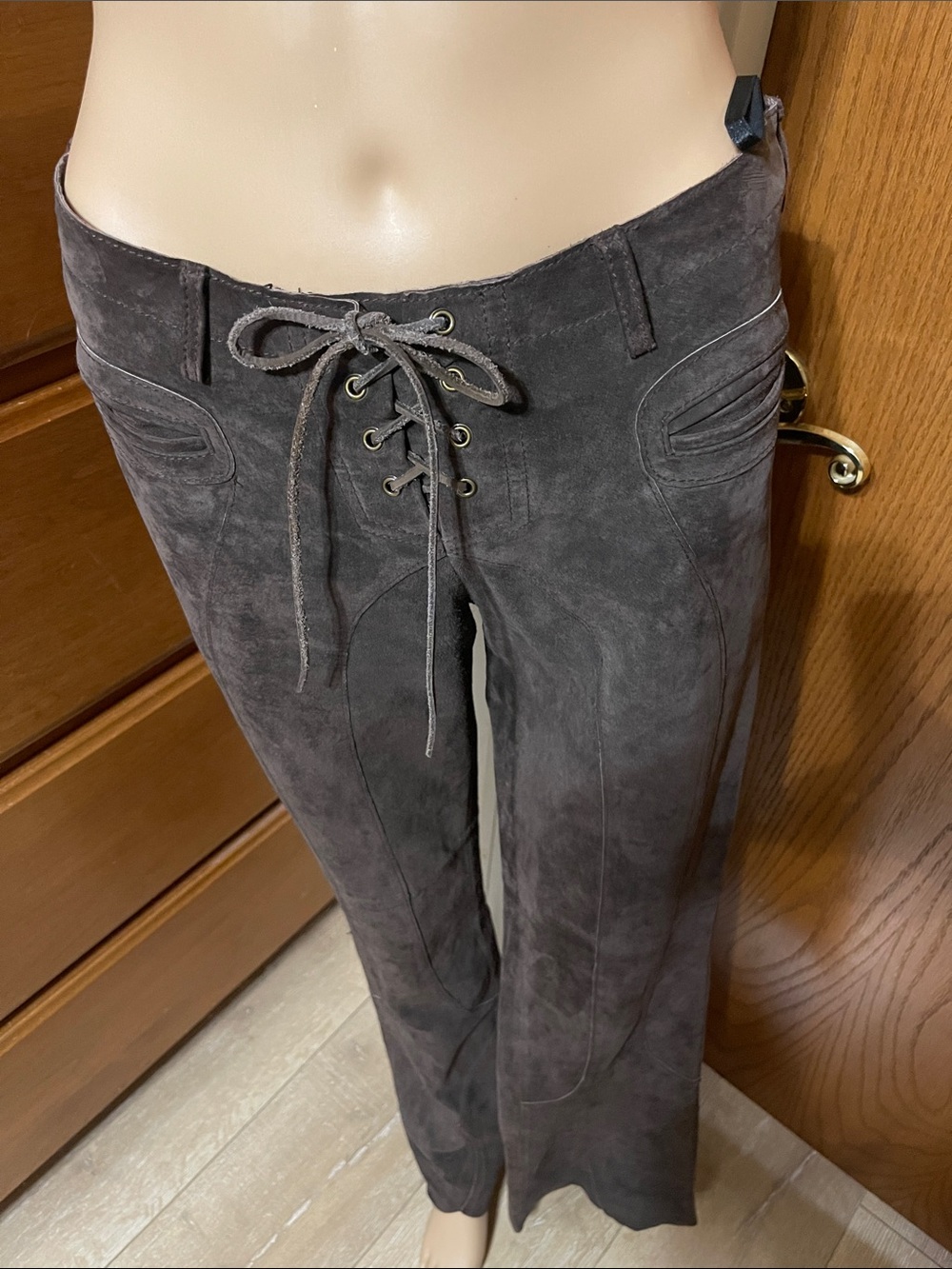 Bebe Lace-Up Front Jeans in Dark Brown Suede